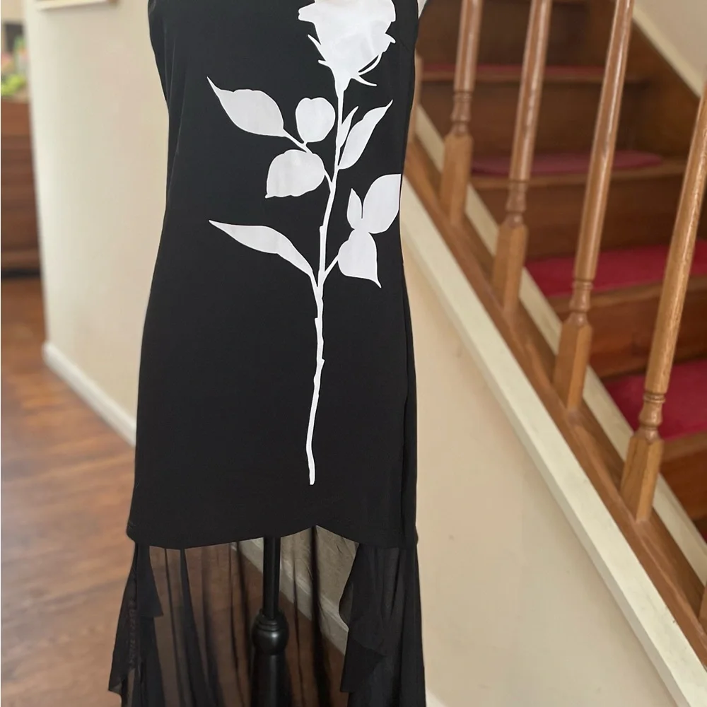 Black Mini Tube Dress with White Floral Detail & Sheer Ruffle Train - Picture 9 of 13
